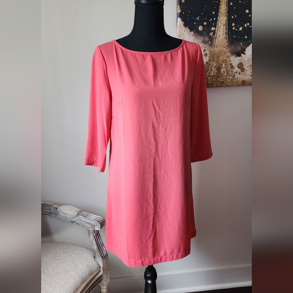 Leith Coral Pink Sheath Bateau Neck 3/4 Sleeve Dress With Slited Back